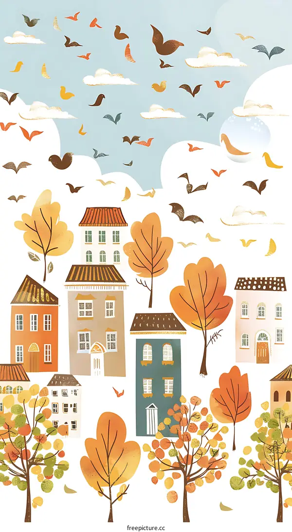 Autumn Village Illustration with Flying Bats and Birds