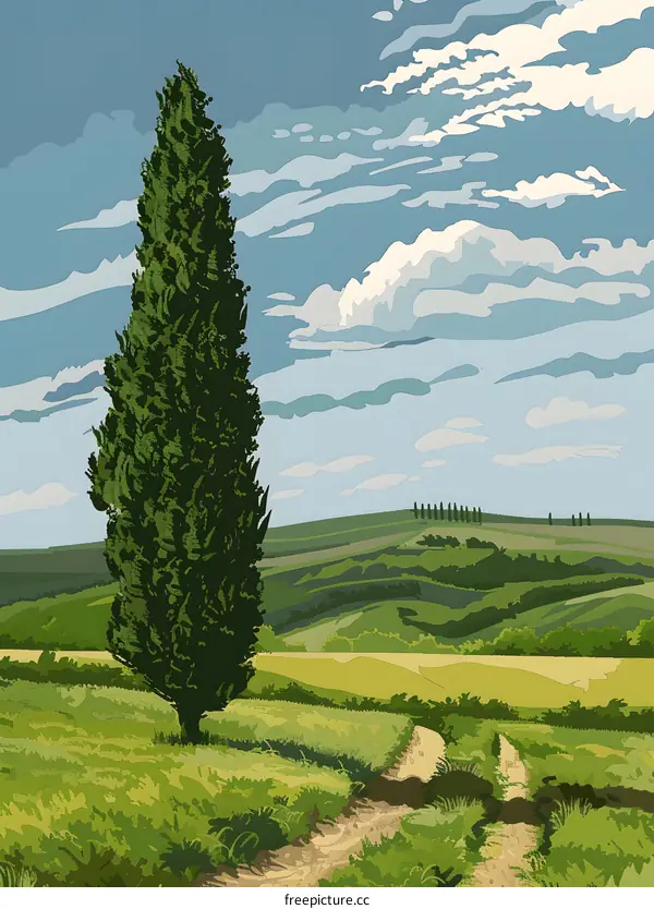 Tall Tree Landscape With Green Field and Path