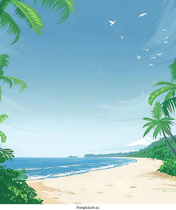 Tropical Beach Illustration with Palm Trees and White Birds