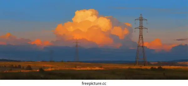 Vibrant sunset clouds with electric pylons in the field