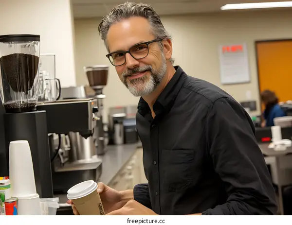 Man with Grey Hair and Glasses Holding a Cup of Coffee