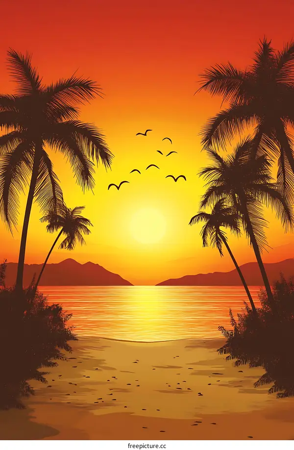 Silhouette Palm Trees at Sunset Beach Landscape