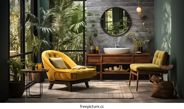 Modern Bathroom with Green Plants and Yellow Armchair