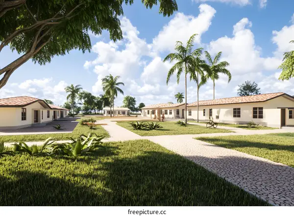 Tropical Style Residential Buildings With Palm Trees
