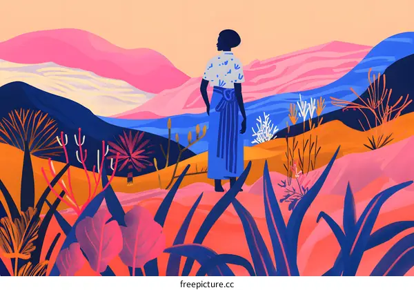 Woman in Blue Dress Looking at Mountain Landscape