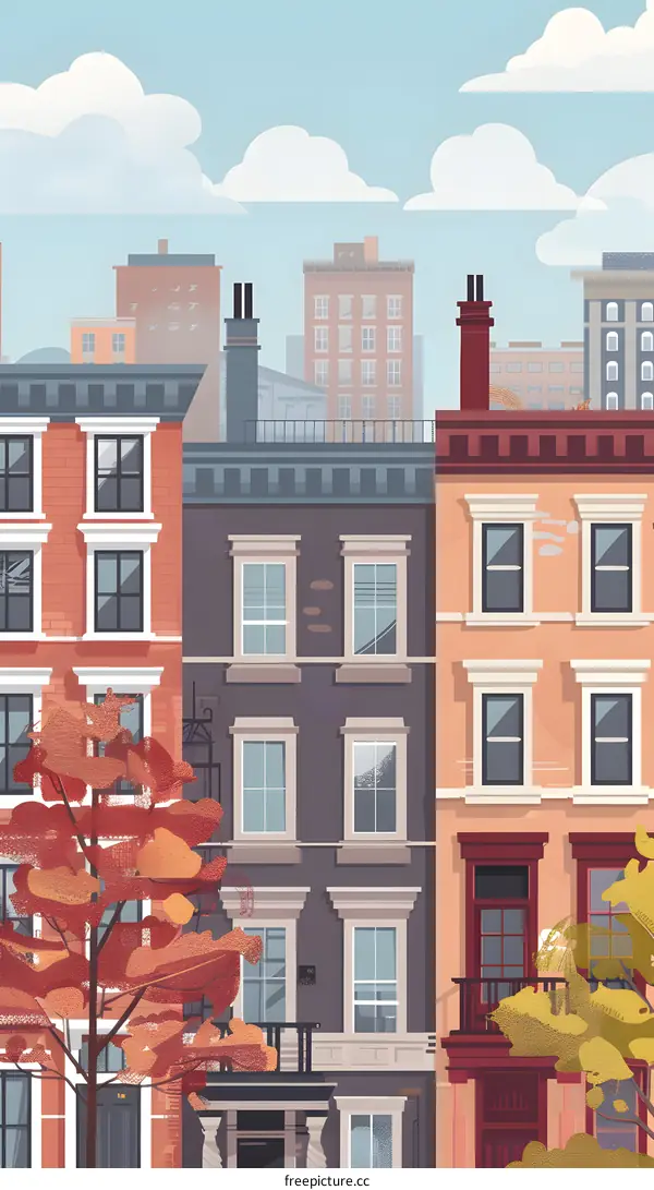 Autumn Cityscape with Red and Yellow Trees in Front of Buildings