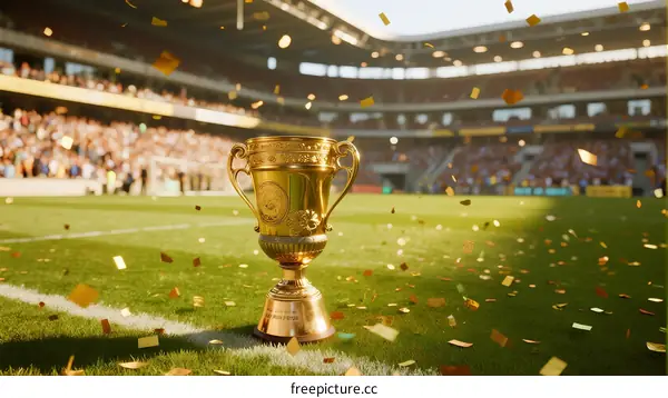 Golden Trophy on Green Field with Confetti Falling