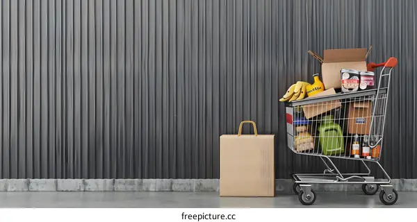 Full Shopping Cart Against Metal Wall