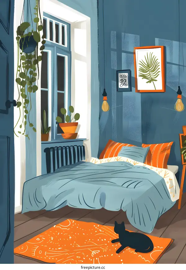 Cozy Bedroom with Orange Rug and Hanging Plants Illustration