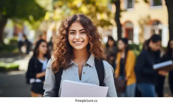 Smiling young woman with curly hair standing outside