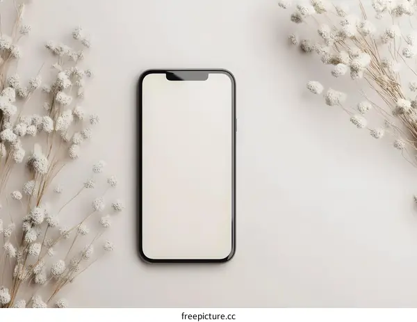 White Phone Screen Mockup with Dried Flowers