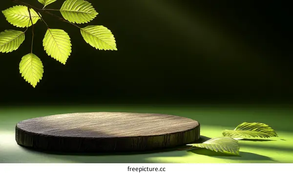 Wooden Display Stand with Green Leaves