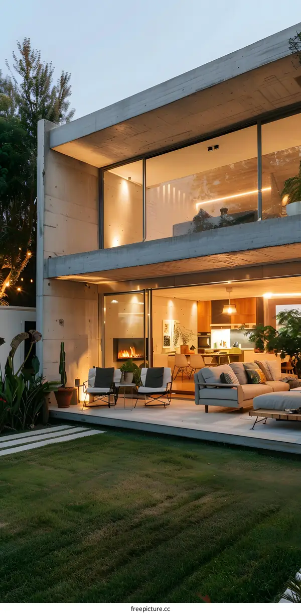 Modern Concrete House with Patio and Green Grass