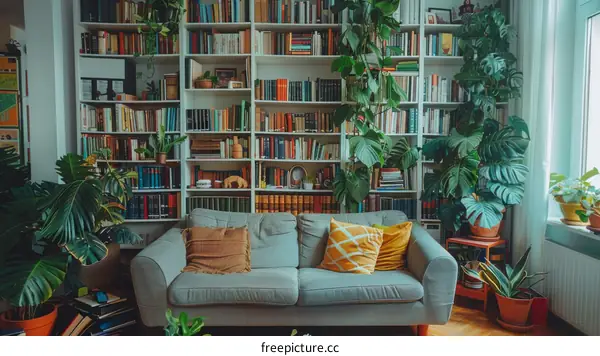 Indoor plants and bookshelves create a cozy living space