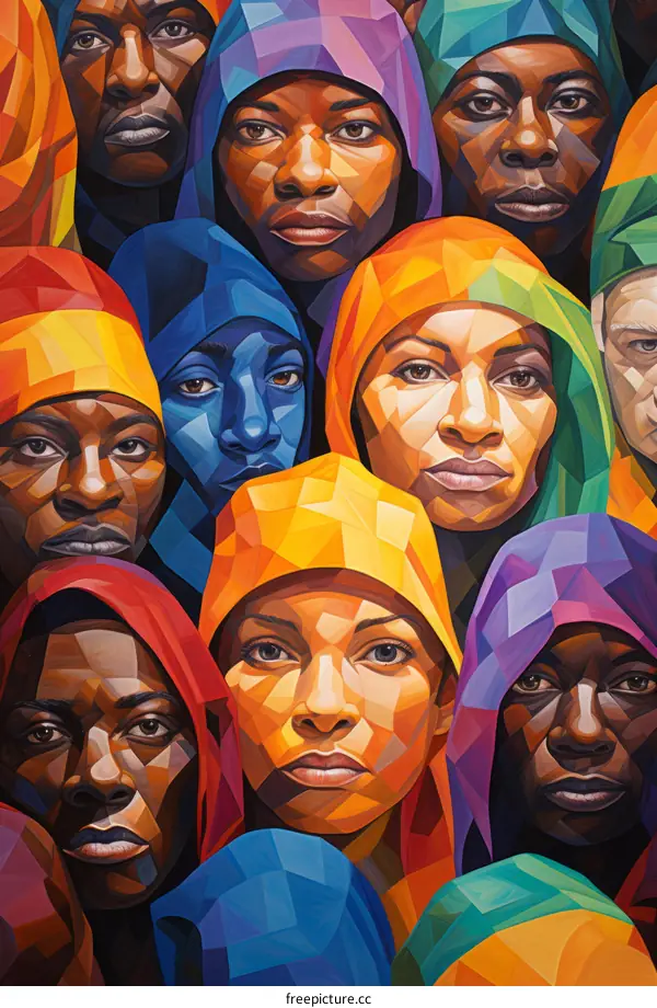 A painting of a group of people of African descent wearing colorful head coverings
