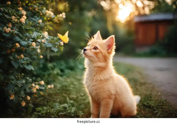 Cute Orange Kitten Watching Butterfly in Garden