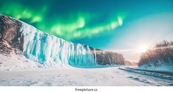 Frozen Waterfall with Northern Lights and Sun