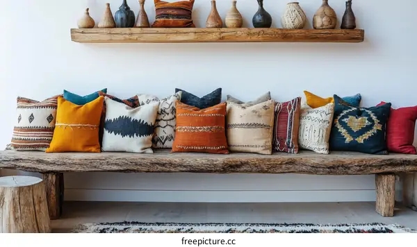 Colorful Throw Pillows on Rustic Wooden Bench