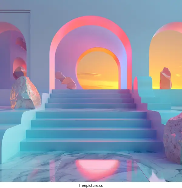 3D rendering of a surreal landscape with pastel colors and geometric shapes