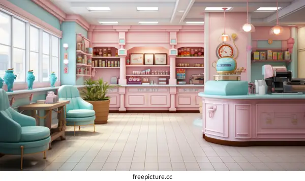 Retro Diner Interior With Pink Walls and Blue Accents