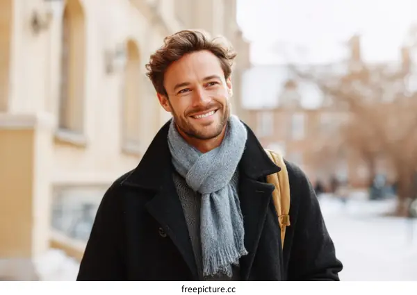 Smiling Man in Winter Cityscape