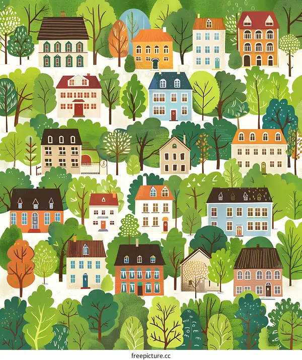 Colorful Illustration of Houses and Trees in a Village