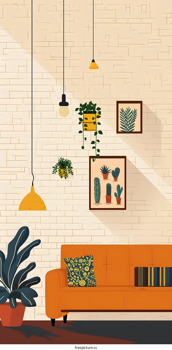 Simple Interior Design with Brick Wall and Plants
