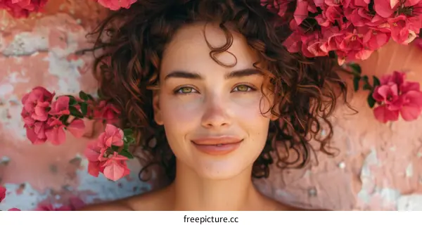 Smiling Woman with Green Eyes and Curly Hair Surrounded by Pink Bougainvillea