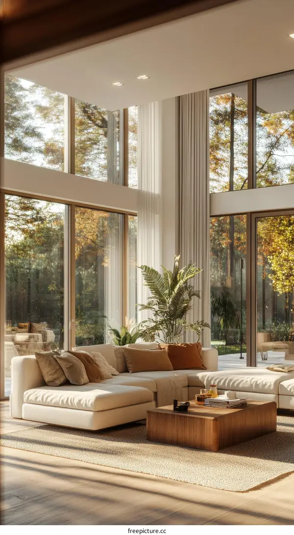 Modern Cozy Living Room with Large Windows