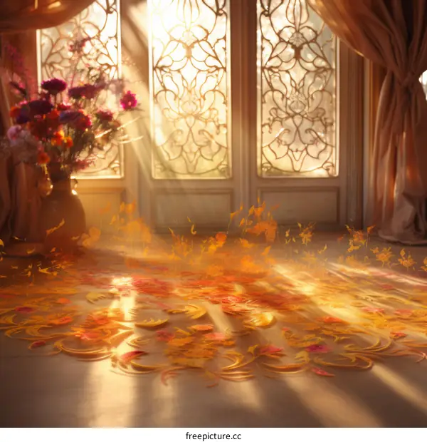 Sunlight shining through a window onto a floor covered with autumn leaves