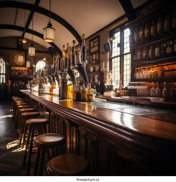 An empty bar with a long wooden bar counter and stools