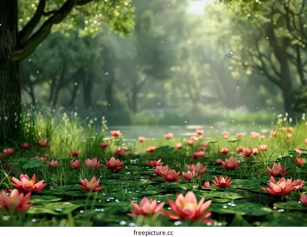 Pink Water Lilies in a Lush Forest Pond