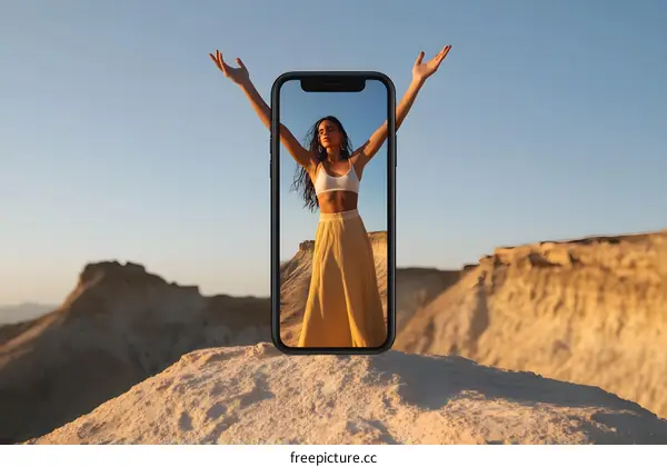 Woman Holding Phone in Desert Landscape