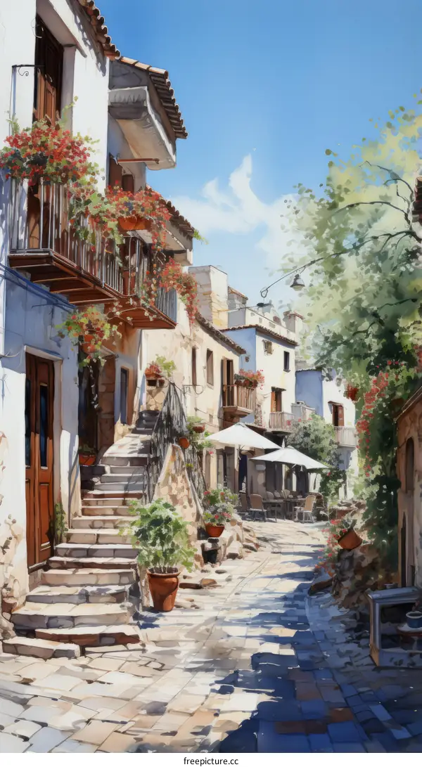 An illustration of a narrow street in a small town