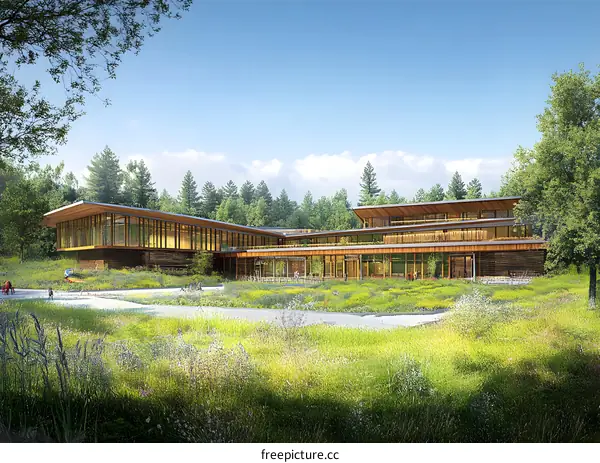 Modern Wooden Building with Green Grass and Trees