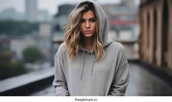 Portrait of a young woman in a gray hoodie looking at the camera with a serious expression on her face