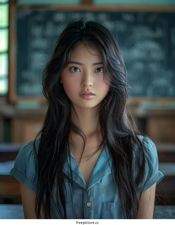 Portrait of a young Asian woman in a blue dress