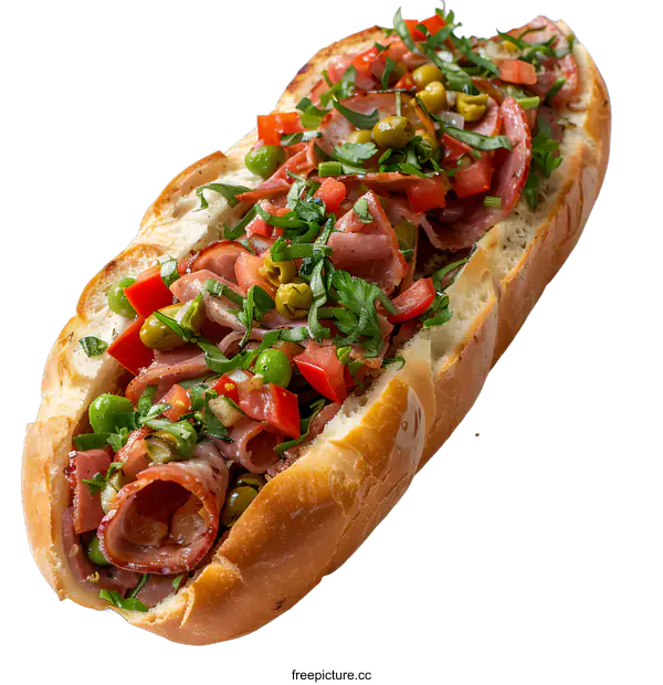 [Transparent Background PNG]Delicious baguette sandwich with ham and vegetables