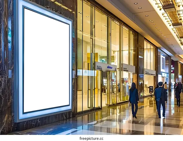 Blank Billboard In Shopping Mall With People Walking