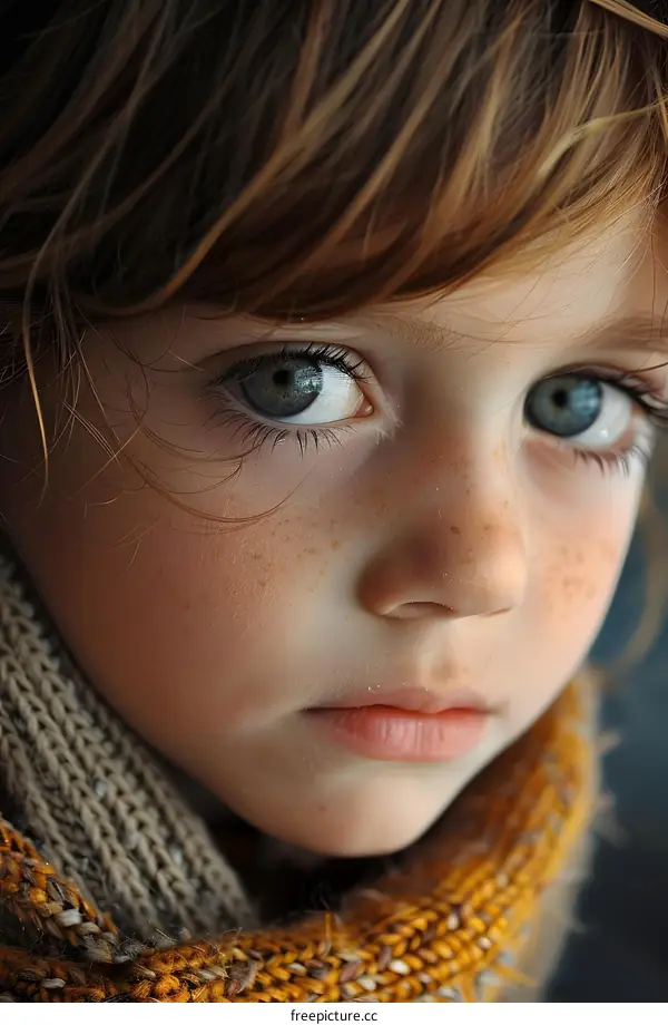 Portrait of a young girl with freckles and blue eyes
