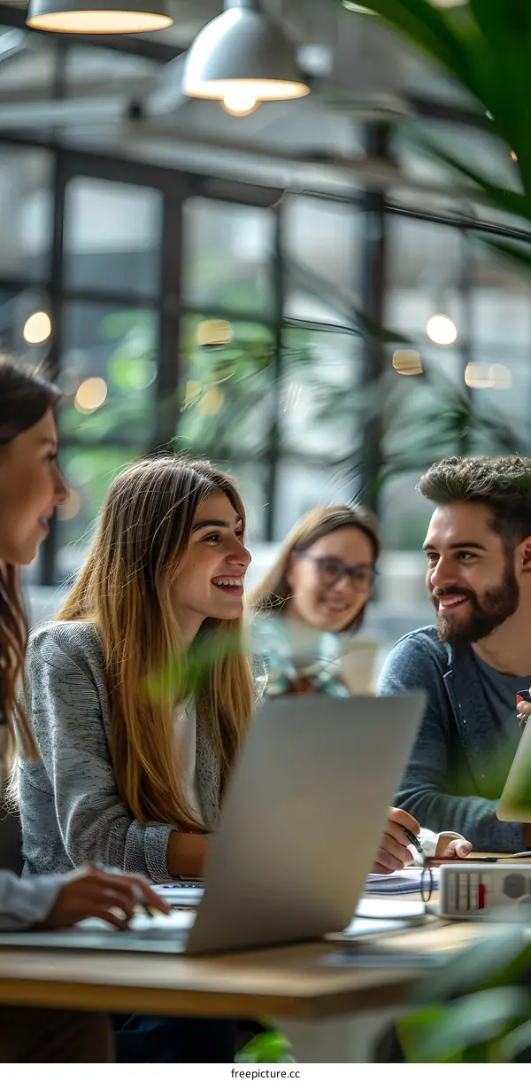 Four multi-ethnic business people discussing work in a modern office