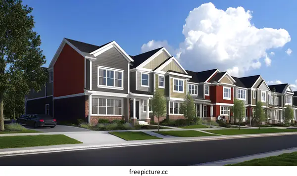Modern Row Houses with Green Grass and Blue Sky
