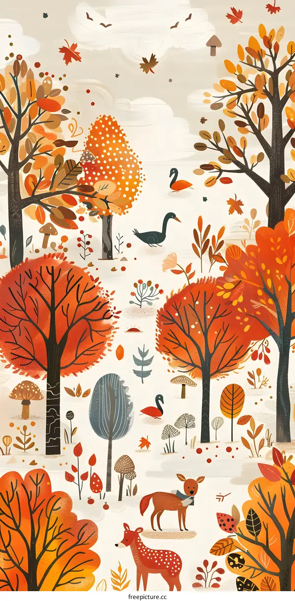 Autumn Forest Illustration with Deer, Fox and Birds