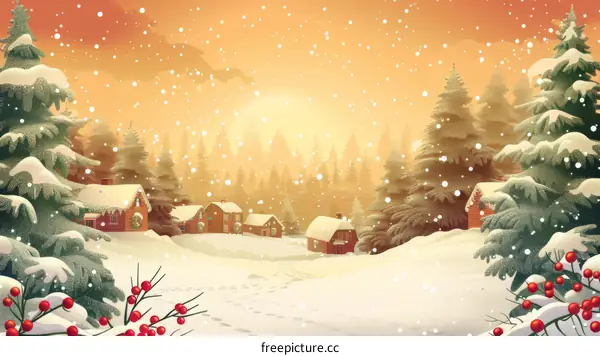 Snowy village landscape with snow-covered trees and houses