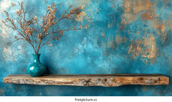 Rustic Shelf Against Teal Wall with Dried Branches