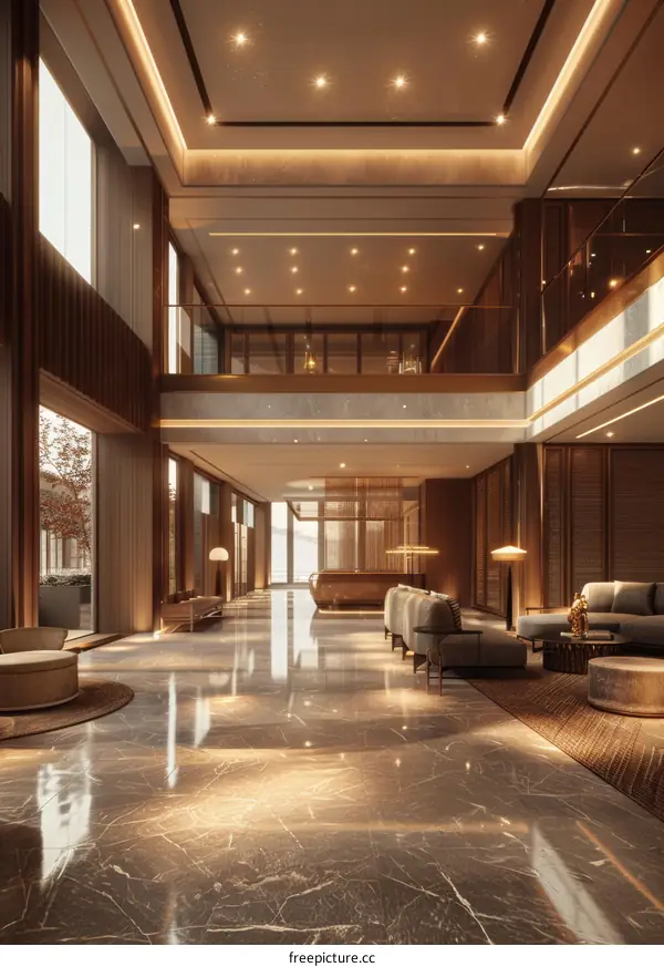 Artistic rendering of a hotel lobby interior with marble floors, wooden walls, and a curved ceiling