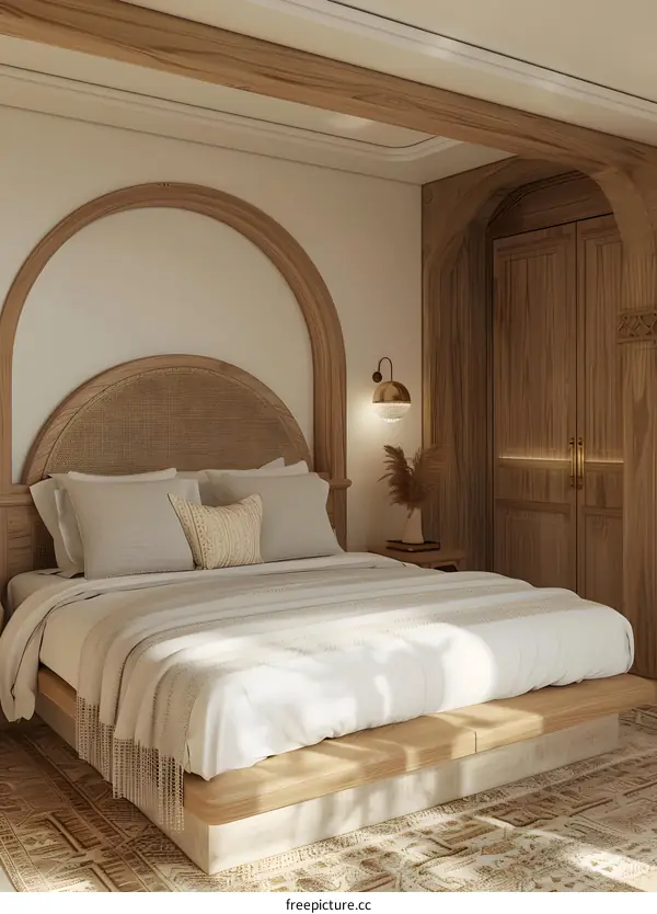 Modern Minimalist Bedroom Interior Design With Wooden Bed And Arched Walls