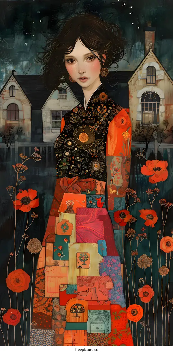 girl in a red dress standing in a field of red flowers with a house in the background