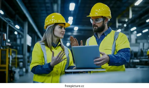 Factory Workers Discussing Project on Laptop
