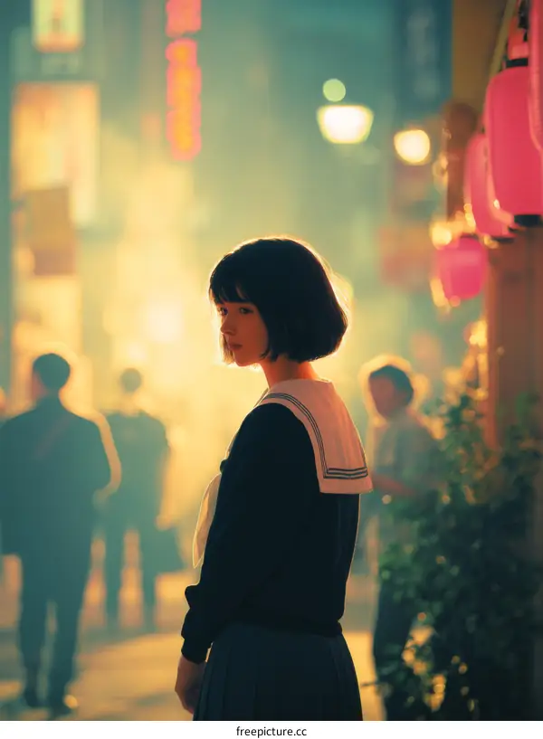 A solitary figure in a nostalgic Japanese city street